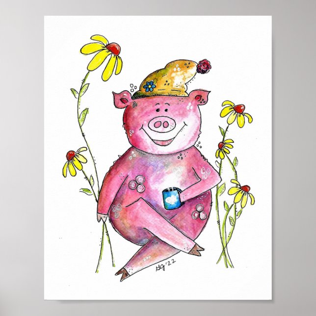 Póster Cerdo caprichoso lindo bebiendo café (Frente)
