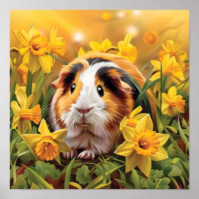 Póster Cerdo De Guinea Entre Los Daffodils (Frente)
