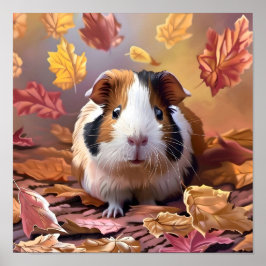 Póster Cerdo de Guinea y hojas de otoño en caída