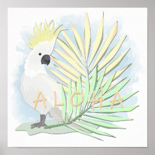 Póster Cerdo de loro blanco con hojas de palma.