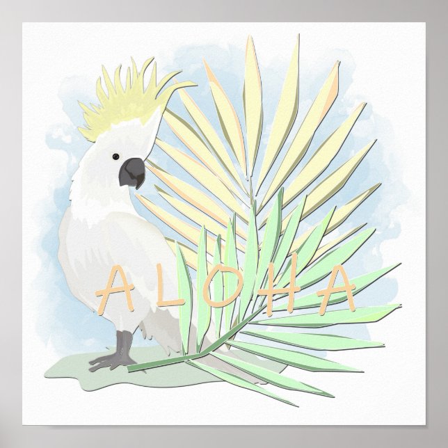 Póster Cerdo de loro blanco con hojas de palma. (Frente)