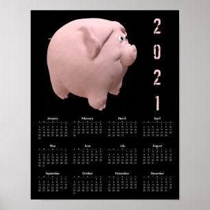 Póster Cerdo divertido 3D 1 Poster de calendario negro 20