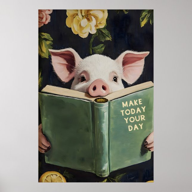 Póster Cerdo Divertido Leyendo Libro – Caprichoso Farmhou (Frente)