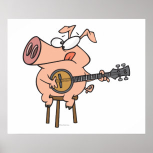 Póster cerdo divertido tocando un banjo personaje de dibu