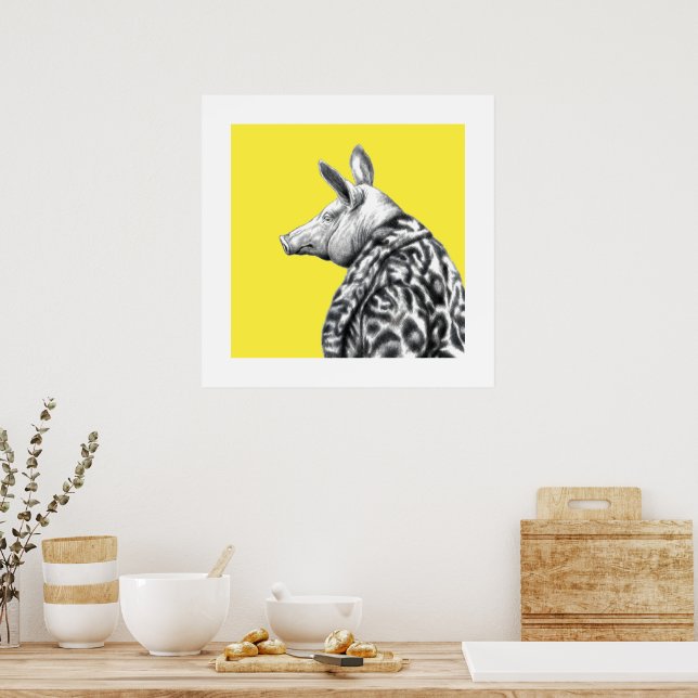 Póster Cerdo en Abrigo de Pieles Jaguar (amarillo retro) (Cocina)