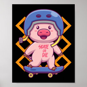 Póster Cerdo en monopatín divertido diseño de skateboardi