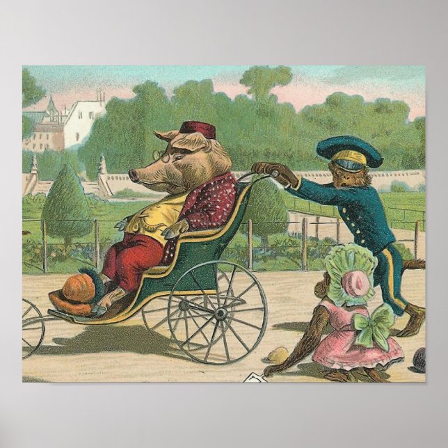Póster "Cerdo en silla de ruedas" Ilustracion de época (Frente)