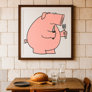Póster Cerdo Hambriento Divertido Sosteniendo Tenedor y C