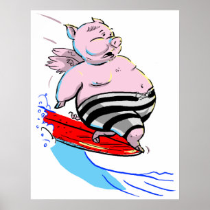 Póster cerdo que practica surf
