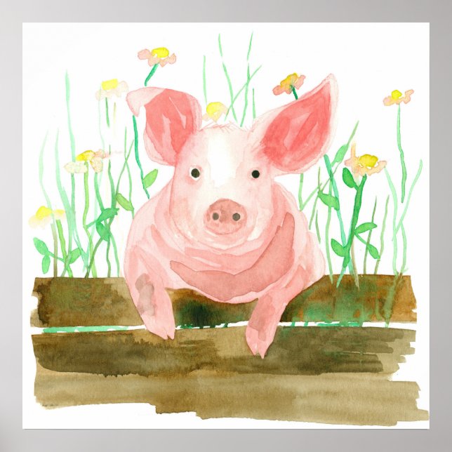 Póster Cerdo Rosa En Un Animal De La Granja De Barnyard (Frente)