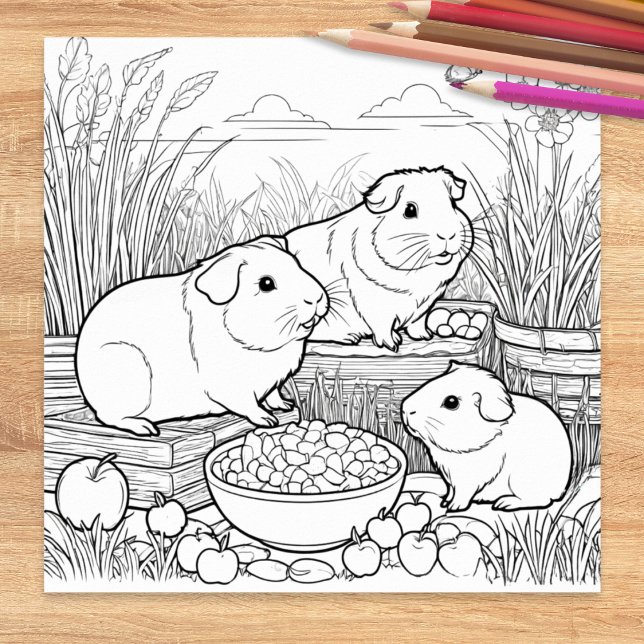 Póster Cerdos de Guinea Animales de Mascota Adorables par (A cute picture to color, featuring three guinea pigs with their food)