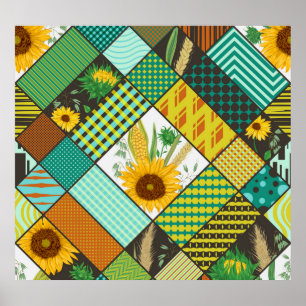 Póster Cereales de patchwork, girasoles, motivos geométri