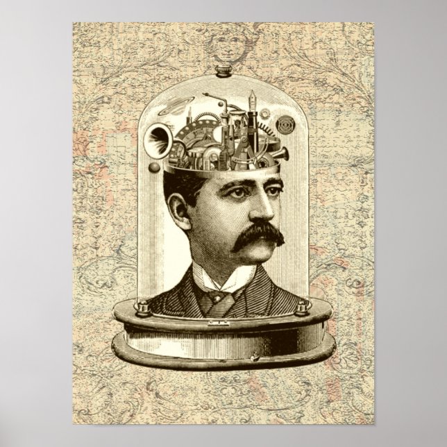 Póster Cerebro de reloj de vapor victoriano mecánico (Frente)
