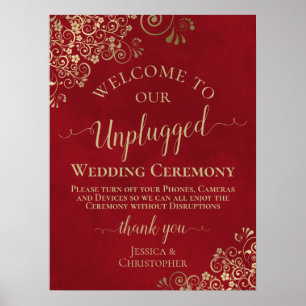 Póster Ceremonia Boda sin conexión de estilo rojo y dorad