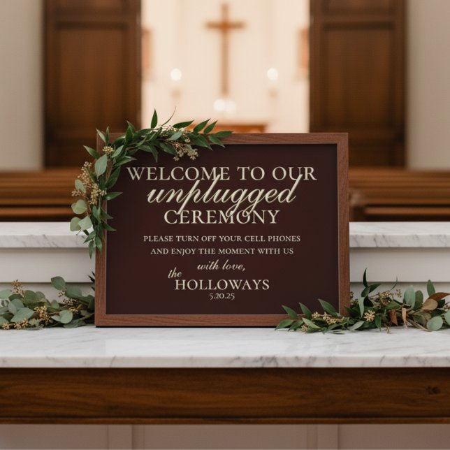 Póster Ceremonia Boda sin conexión de tonos de tierra min (Set the tone for a distraction-free ceremony with this Mousse Brown Unplugged Ceremony Sign!)