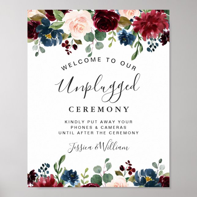 Póster Ceremonia de boda Burgundy Navy Blush Unplugged (Frente)