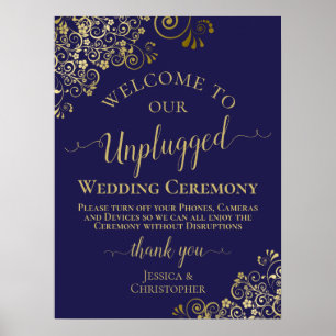 Póster Ceremonia de Boda desenchufada de Moda azul y oro