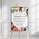 Póster Ceremonia de la floral rusa de la caída de Borgoña<br><div class="desc">El elegante cartel de poster de boda invita a los invitados a ser desconectados para la ceremonia. El diseño se caracteriza por un diseño rústico en verano y acuarela floral de otoño con hermosos rosas, dahlias, flores de peonía y vegetación, en una espléndida paleta otoñal de color rojo burdeos, amarillo...</div>