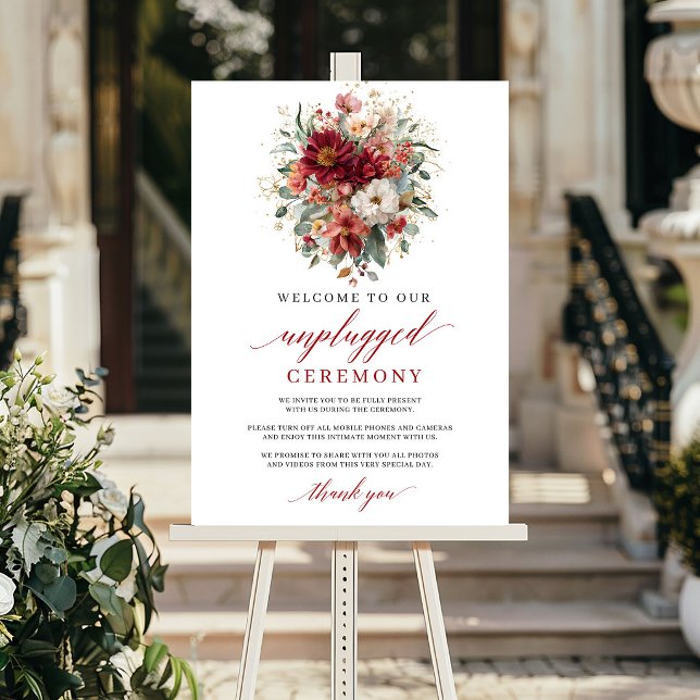 Póster Ceremonia de Otoño Marrón Atemporal sin Dispositiv (Timeless Fall Maroon Floral Unplugged Ceremony Sign

)