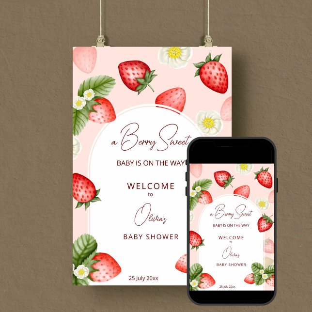 Póster Cereza de fresa dulce bebé ducha de bienvenida señ (Strawberry berry sweet baby shower pink welcome sign poster editable template digital download)
