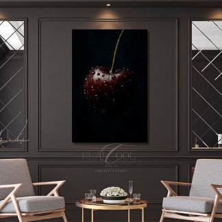 Póster Cereza Rojo Oscuro con gotas de rocío sobre negro