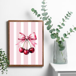 Póster Cerezas Lazo Rosa Estética Coqueta Rayas Femenina