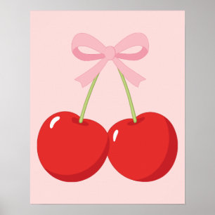 Póster Cerezas rojas con Moda de coqueta de vaca rosa