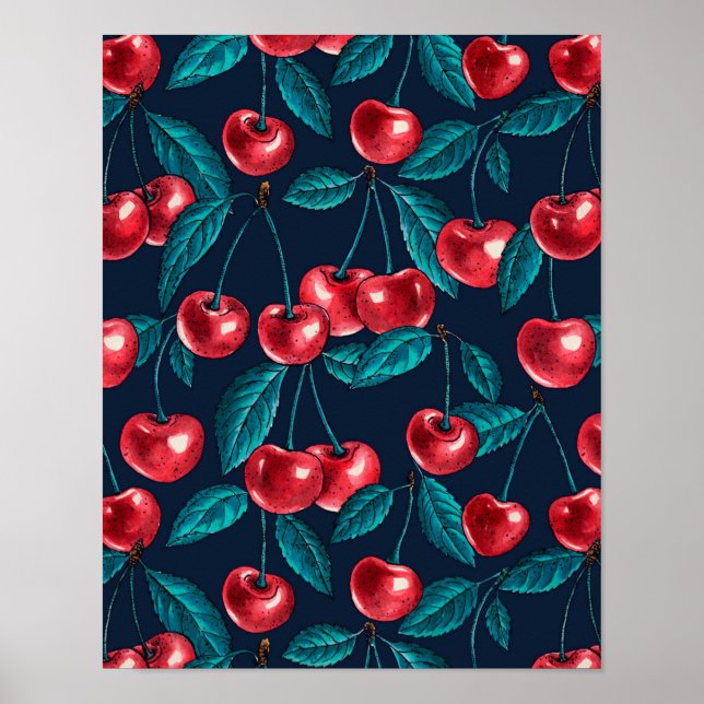 Póster Cerezas rojas en azul oscuro (Frente)