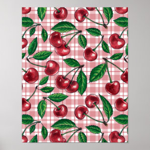 Póster Cerezas rojas en gingham rosa
