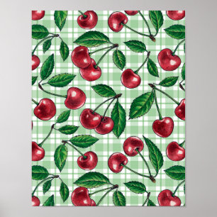 Póster Cerezas rojas en gingham verde claro