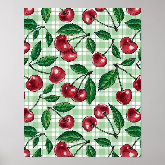 Póster Cerezas rojas en gingham verde claro (Frente)