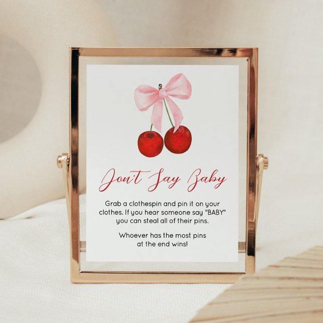 Póster Cerezo en Baby Shower no digas bebé (Cherry on Top Pink Bow Baby Shower Don't Say Baby Sign)