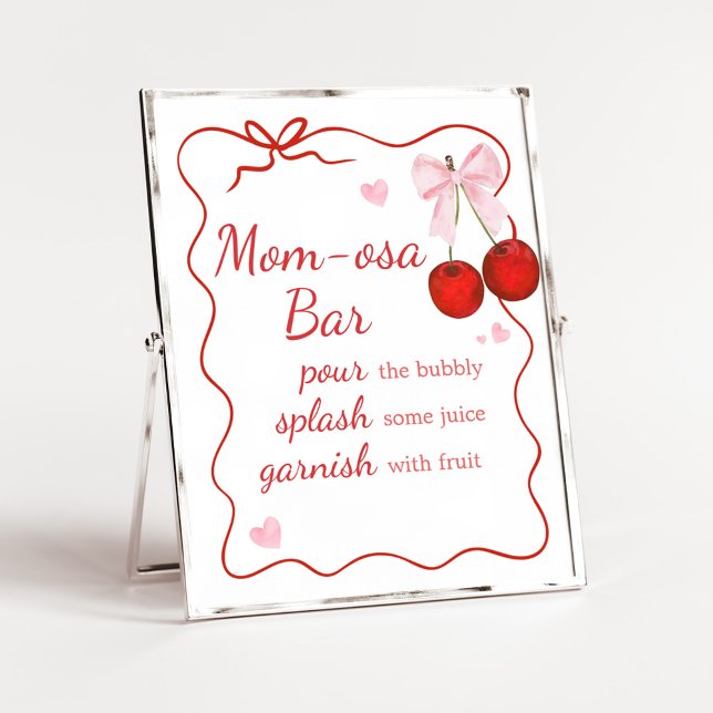 Póster Cerezo en el Top Pink Bow Baby Shower Mom Osa Bar (Cherry on Top Baby Shower Mom Osa Bar Sign)