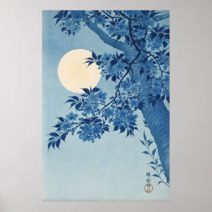 Póster Cerezo en flor en una noche de luna japonesa fina