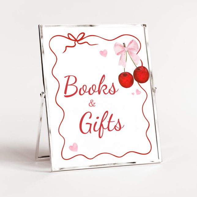 Póster Cerezo en los mejores libros y regalos de Baby Sho (Cherry on Top Baby Shower Books and Gifts Sign)