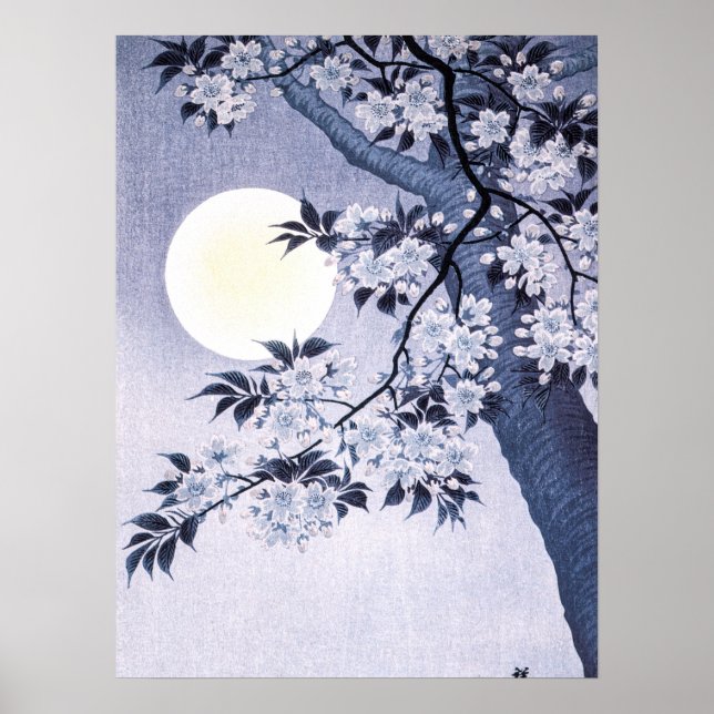 Póster Cerezo floreciente en la noche luna Ohara Koson 18 (Frente)