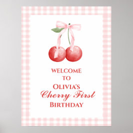 Póster Cerezo primero fresa Bow rosa primer cumpleaños