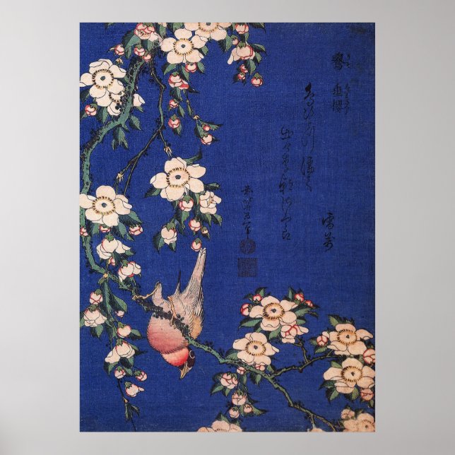 Póster Cerezo y Bullfinch llorosos, Hokusai (Frente)