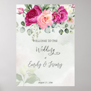 Póster Cerise magenta peony rosas eucalipto signo de bien