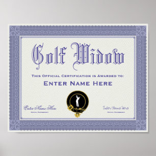 Póster Certificación de la viuda de golf divertida