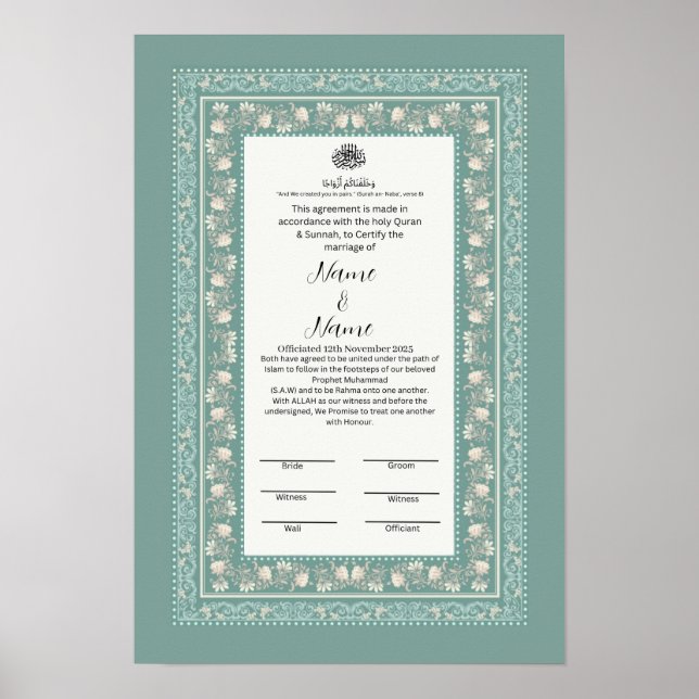 Póster Certificación islámica floral Border Nikkah (Frente)
