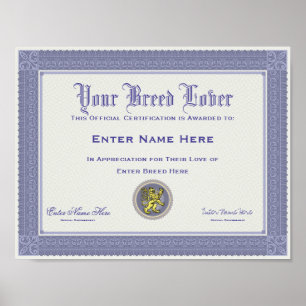 Póster Certificación personalizada del amante de la raza