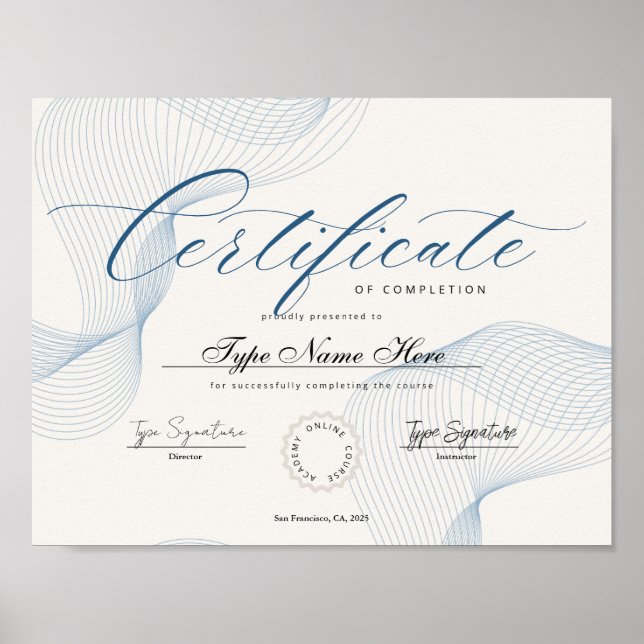 Póster Certificado azul de terminación, logro, sobresalie (Frente)