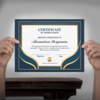 Certificado Azul Dorado de Logro de Agradecimiento
