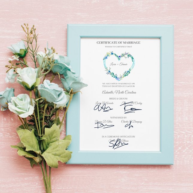 Póster Certificado boda Corazón Floral Azul (Subido por el creador)