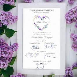 Póster Certificado boda Corazón Floral Morado Acuarela
