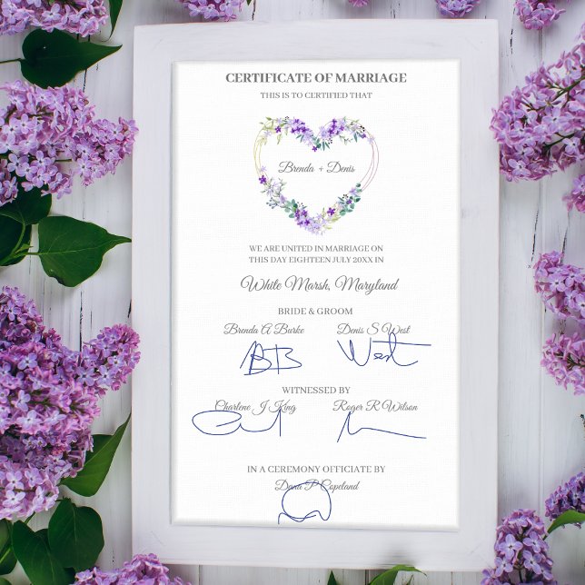 Póster Certificado boda Corazón Floral Morado Acuarela (Subido por el creador)