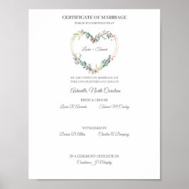 Póster Certificado boda Corazón Floral Rosa