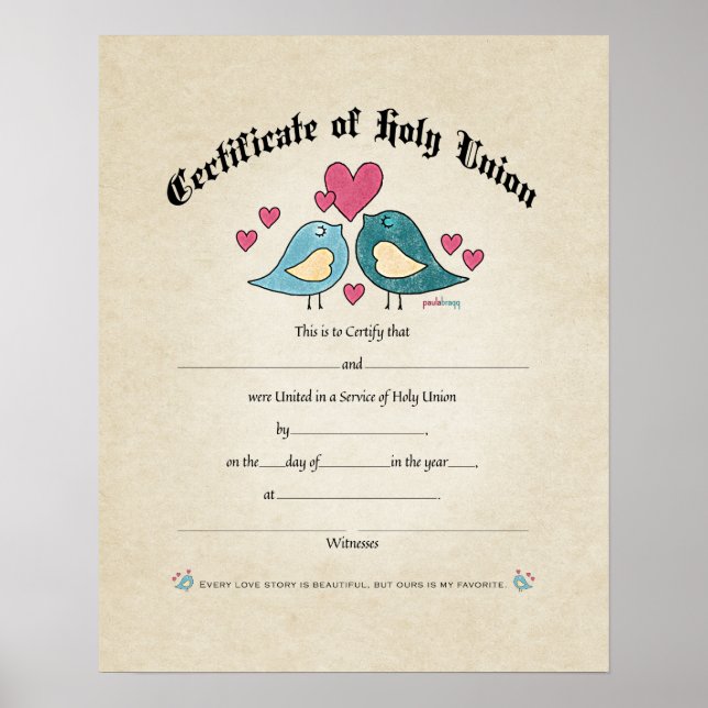 Póster Certificado Boda de Aves Amantes de la Sagrada Uni (Frente)