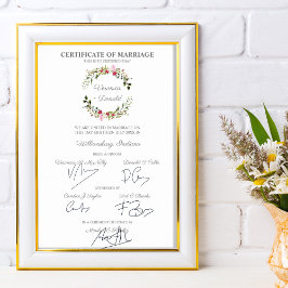 Póster Certificado boda de flor rojo y rosa